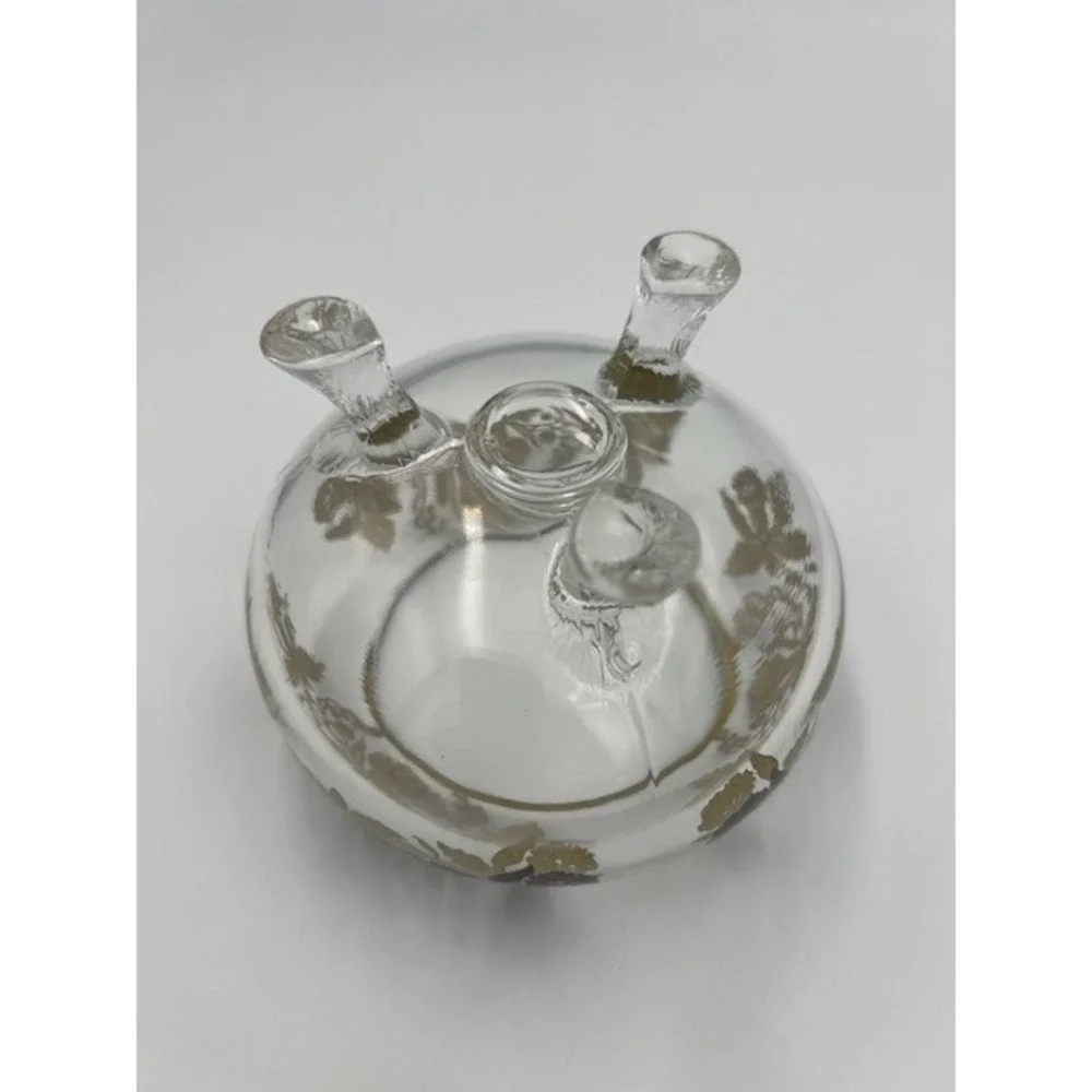 Viking Glass Vintage 3 Footed Rose Bowl Flower Frog Silver Overlay Floral Clear